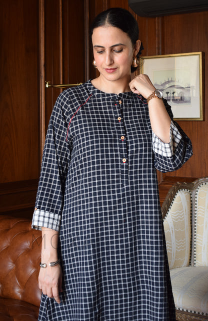 Black Checks Kurta with Raglan Sleeves and Off-white Checks Pajama in Handloom Cotton