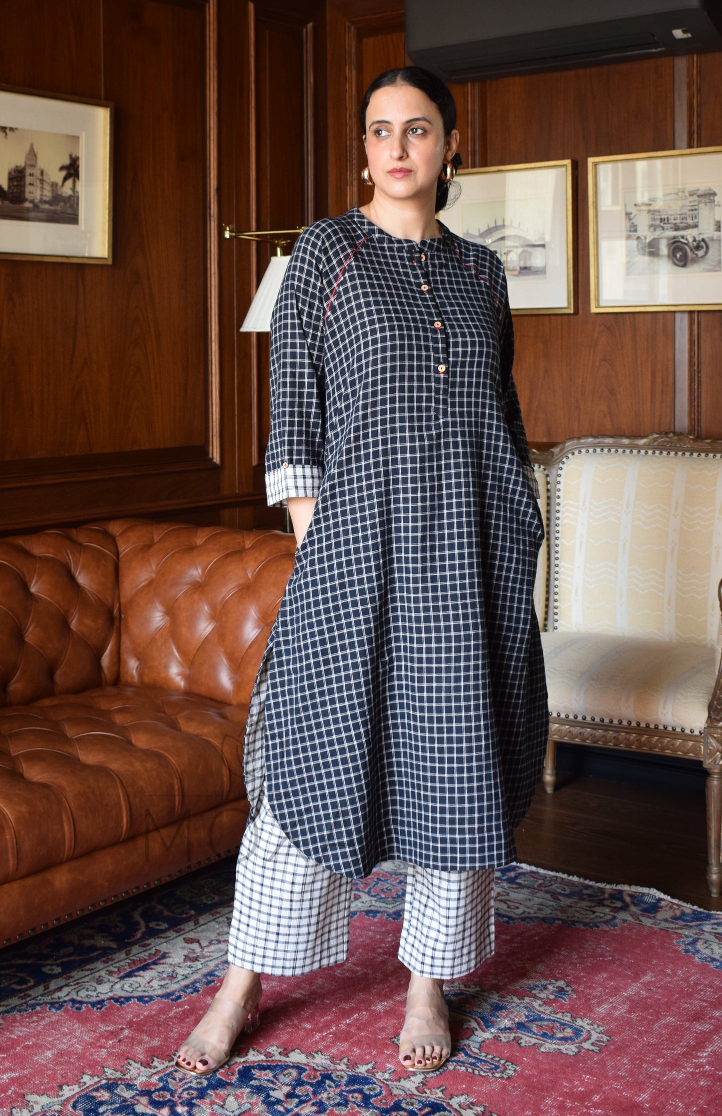 Black Checks Kurta with Raglan Sleeves and Off-white Checks Pajama in Handloom Cotton