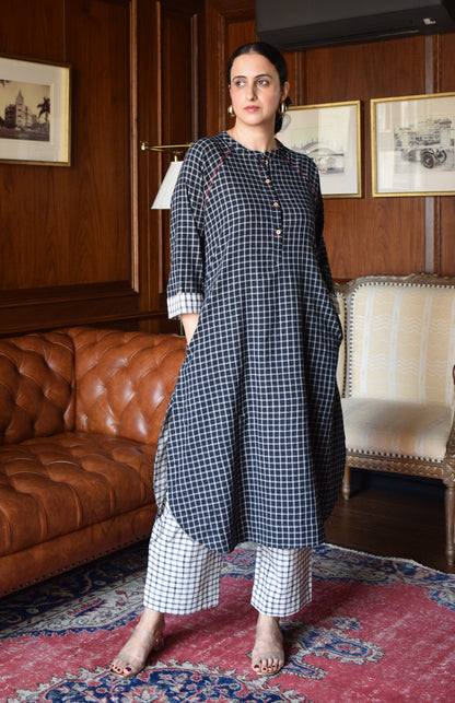 Black Checks Kurta with Raglan Sleeves and Off-white Checks Pajama in Handloom Cotton