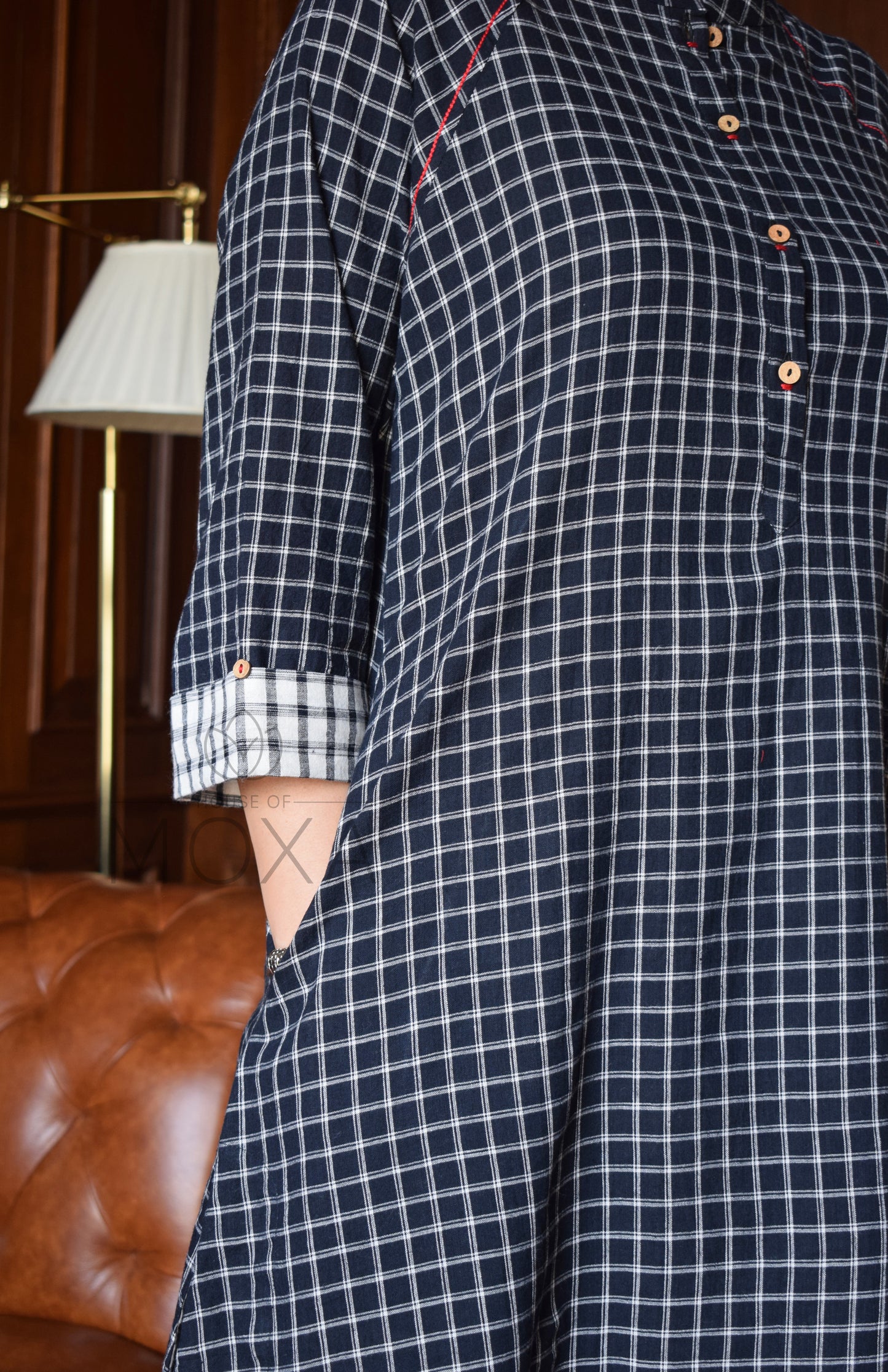 Black Checks Kurta with Raglan Sleeves and Off-white Checks Pajama in Handloom Cotton