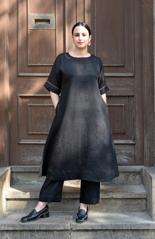 Ink Black A line Linen kurta with Short Dolman sleeves