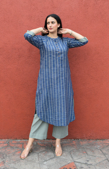 Blue striped Kurta with Raglan sleeve and sage green Pyjama in Handwoven cotton