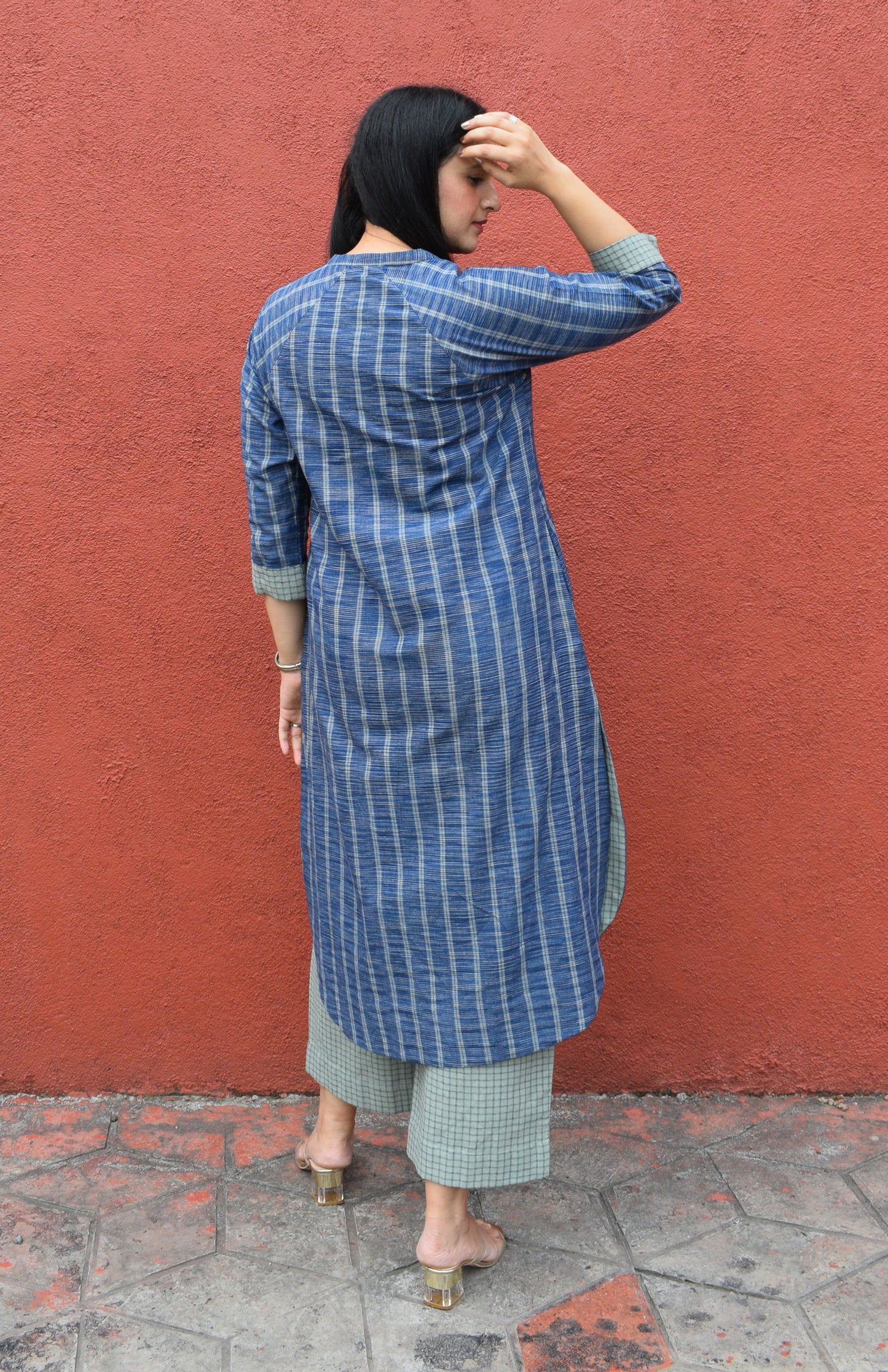 Blue striped Kurta with Raglan sleeve and sage green Pyjama in Handwoven cotton