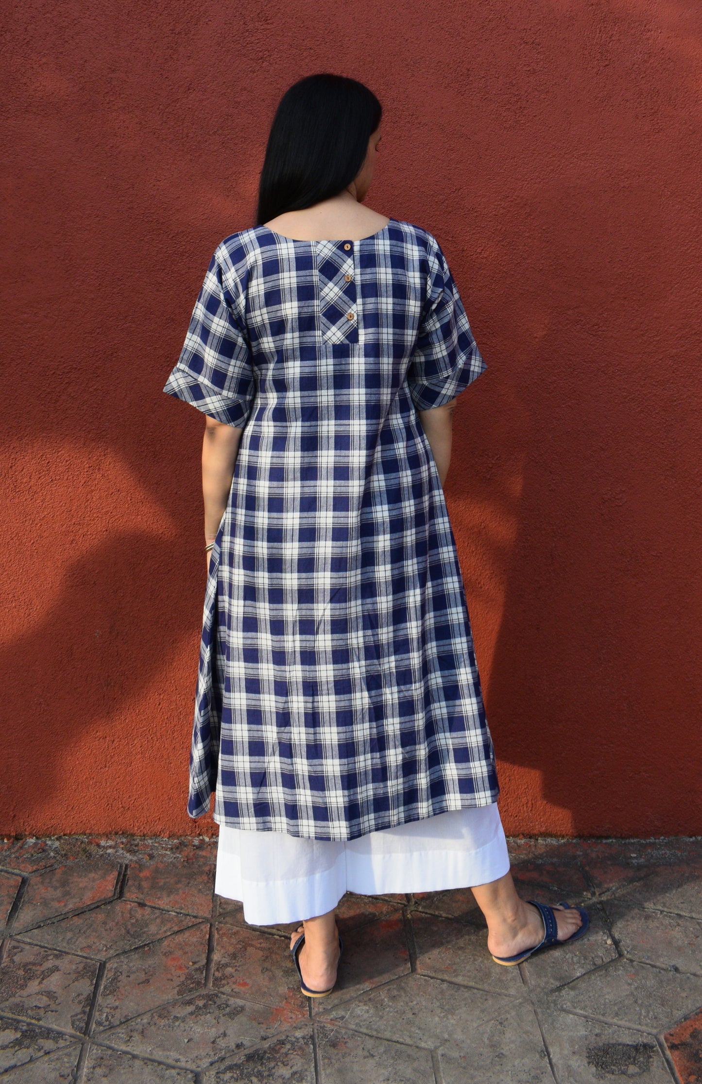 Blue and White Checks kurta with Short Dolman sleeves in handwoven cotton