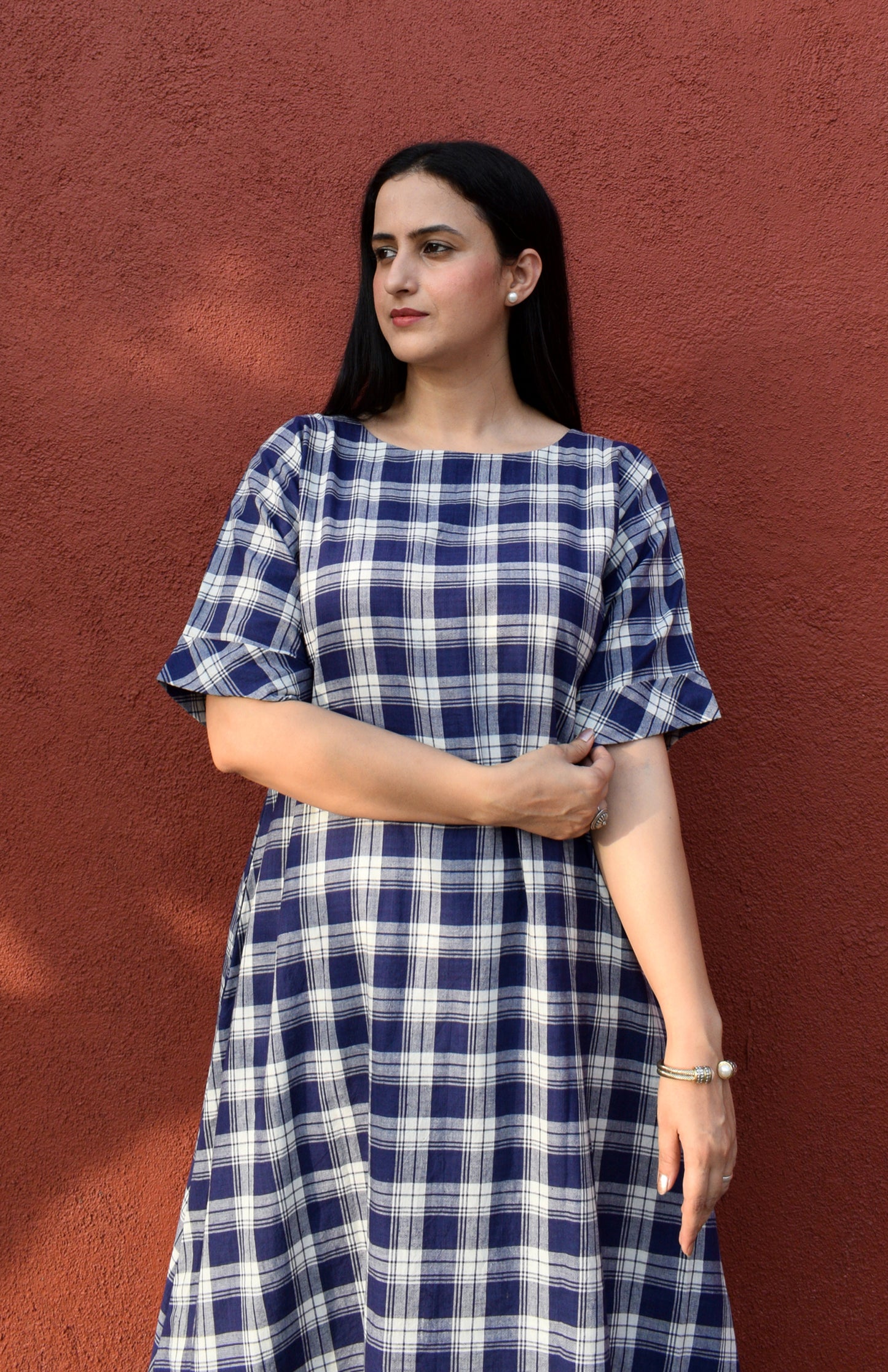 Blue and White Checks kurta with Short Dolman sleeves in handwoven cotton