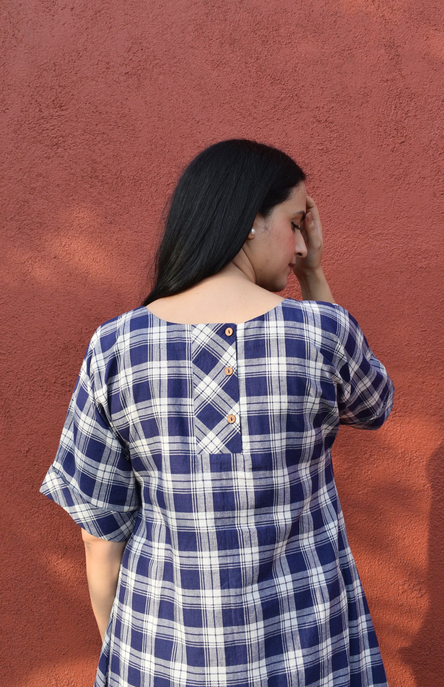 Blue and White Checks kurta with Short Dolman sleeves in handwoven cotton