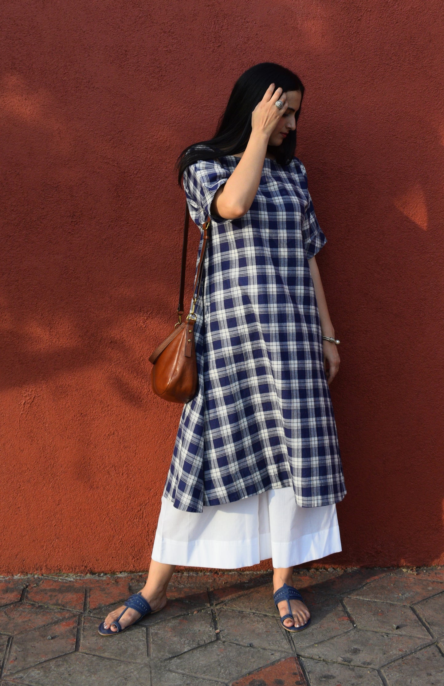 Blue and White Checks kurta with Short Dolman sleeves in handwoven cotton