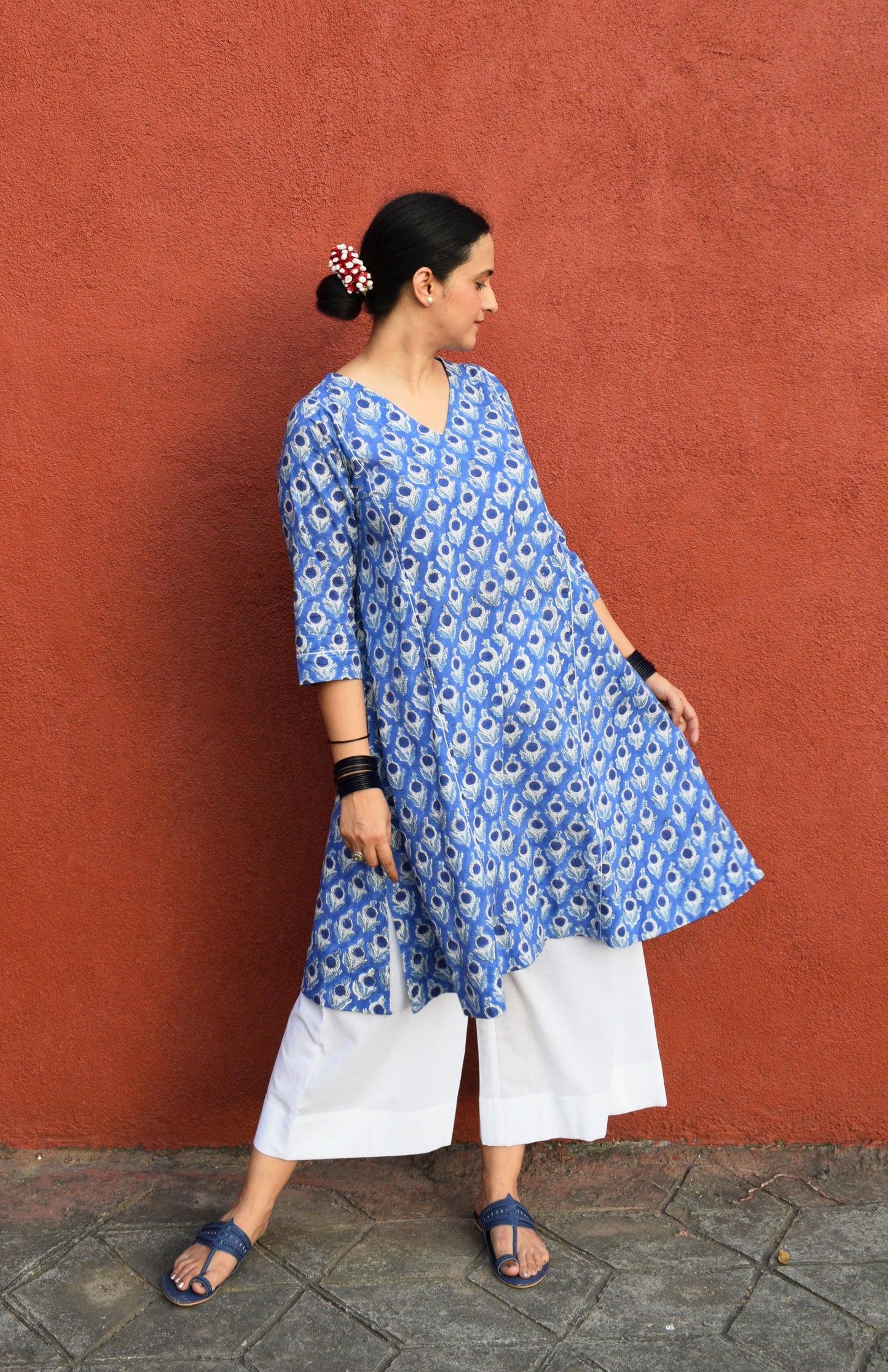 Blue Hand Block printed Phiran and white pyjama