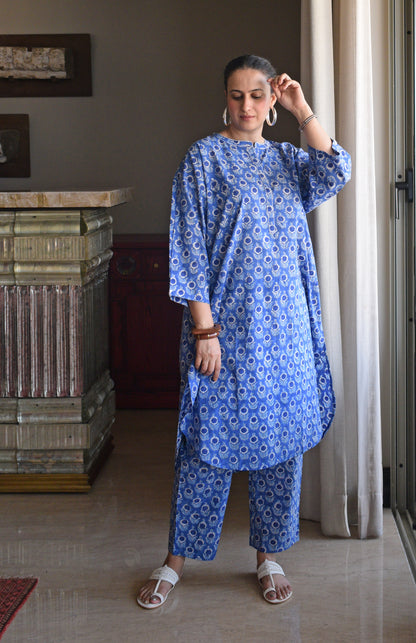 Blue and White Hand block printed Antifit Co-Ord Set