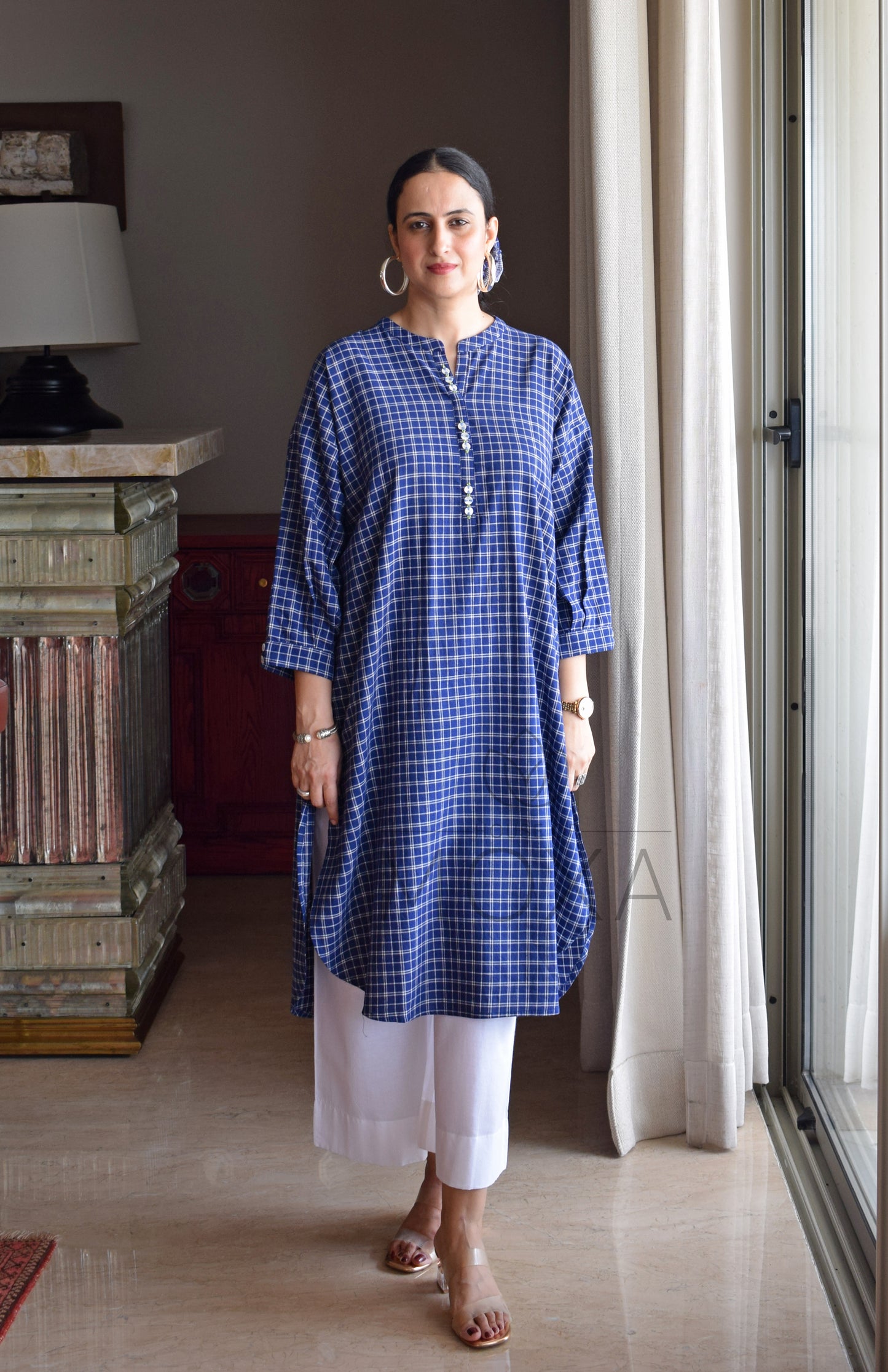 Midnight Blue Checks Antifit Kurta in Handloom Cotton with White Pajama