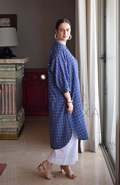 Midnight Blue Checks Antifit Kurta in Handloom Cotton with White Pajama