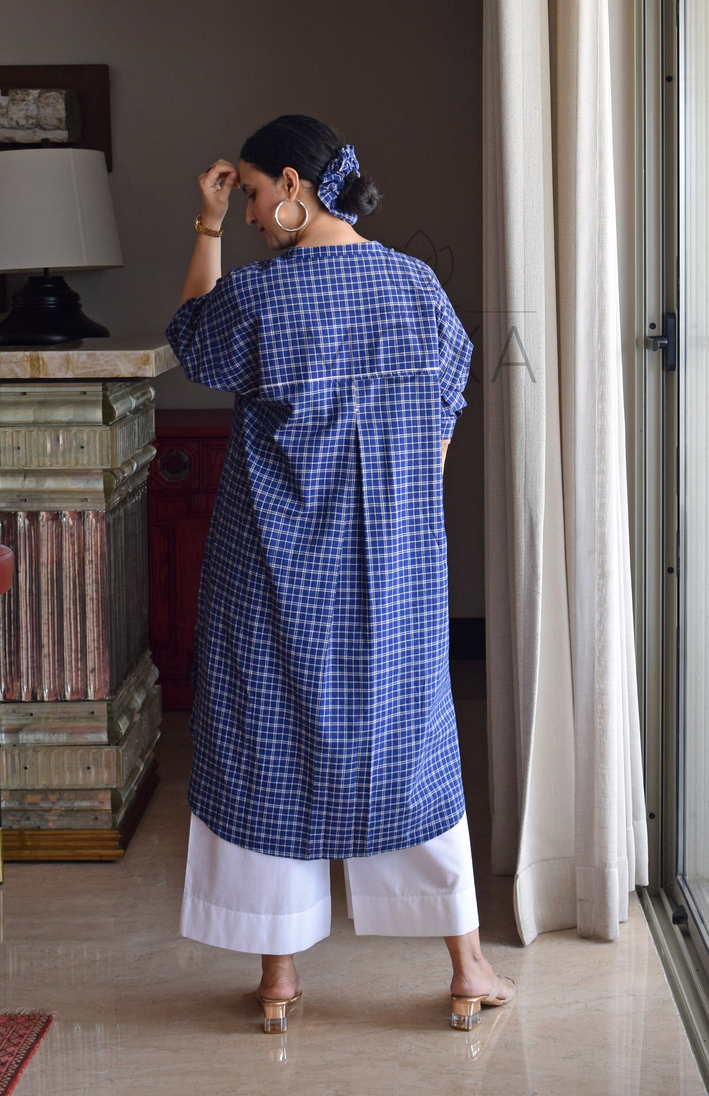 Midnight Blue Checks Antifit Kurta in Handloom Cotton with White Pajama