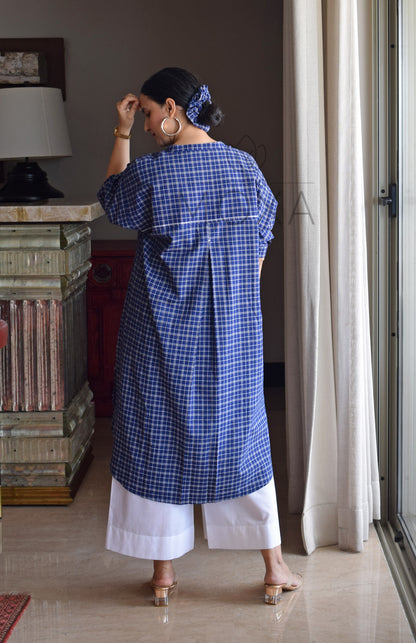 Midnight Blue Checks Antifit Kurta in Handloom Cotton with White Pajama