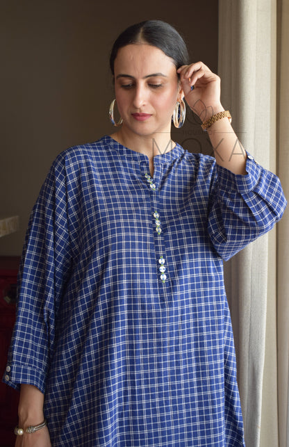 Midnight Blue Checks Antifit Kurta in Handloom Cotton with White Pajama