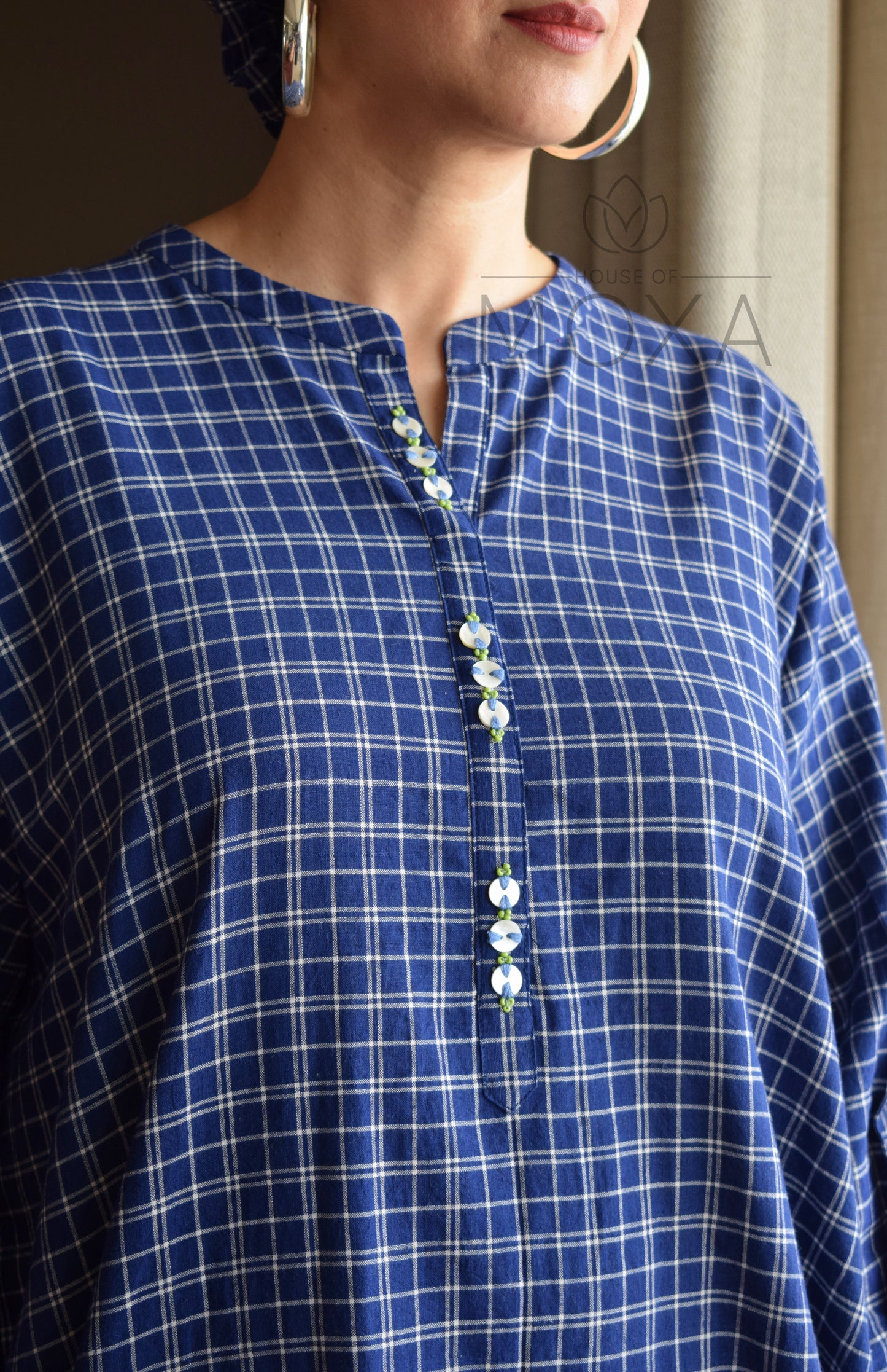 Midnight Blue Checks Antifit Kurta in Handloom Cotton with White Pajama