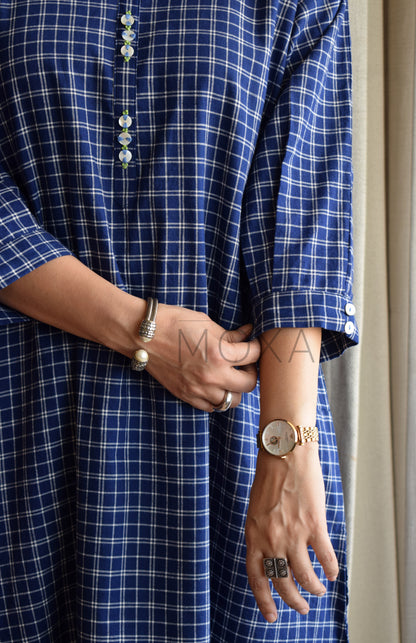 Midnight Blue Checks Antifit Kurta in Handloom Cotton with White Pajama