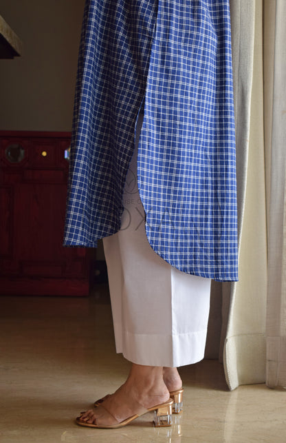 Midnight Blue Checks Antifit Kurta in Handloom Cotton with White Pajama