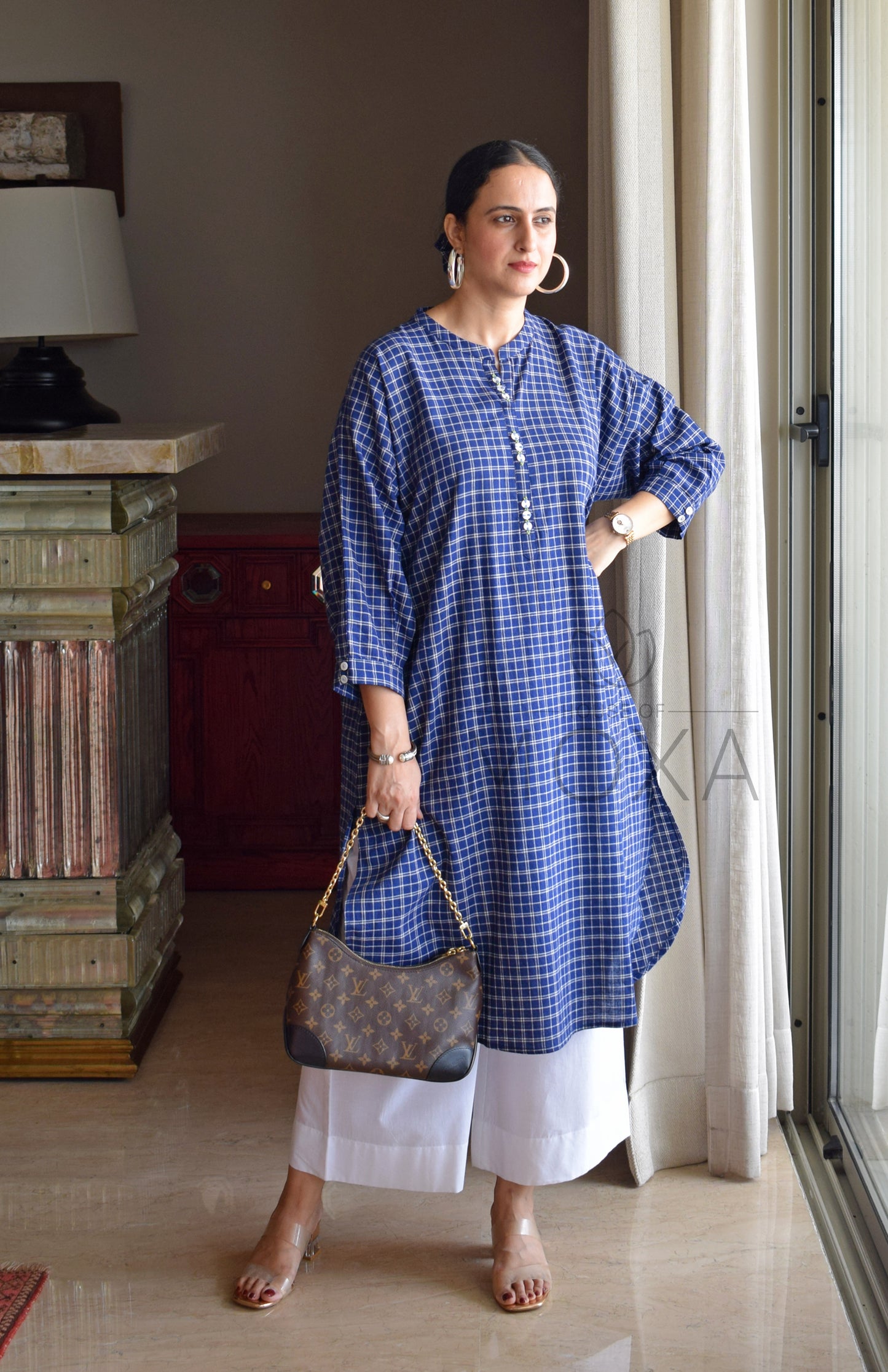 Midnight Blue Checks Antifit Kurta in Handloom Cotton with White Pajama