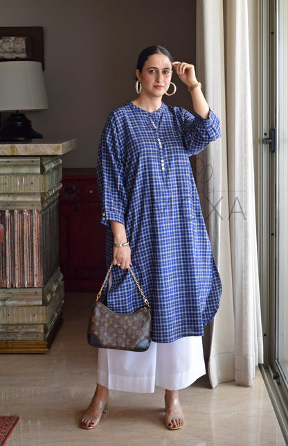Midnight Blue Checks Antifit Kurta in Handloom Cotton with White Pajama
