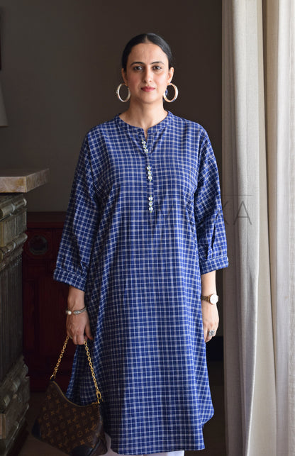 Midnight Blue Checks Antifit Kurta in Handloom Cotton with White Pajama