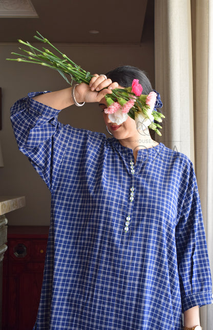 Midnight Blue Checks Antifit Kurta in Handloom Cotton with White Pajama