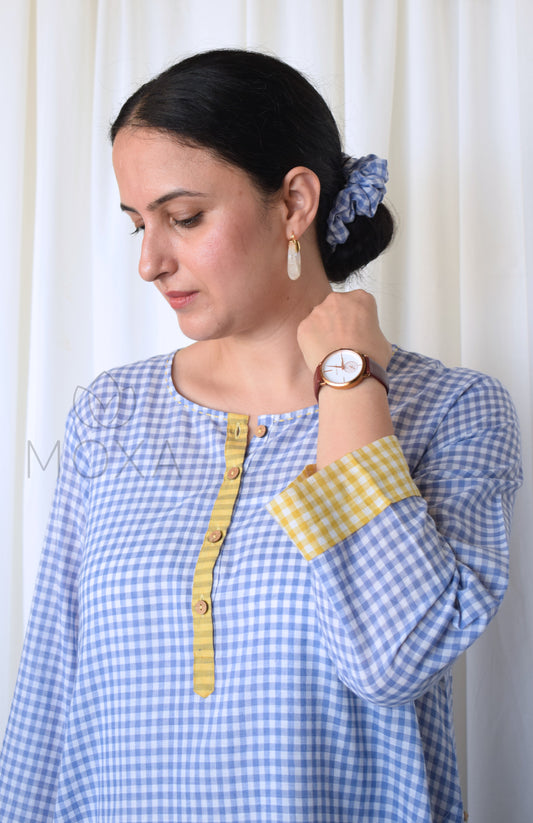 Love-in-a-Mist A-Line Kurta in Handloom Checks with Slip