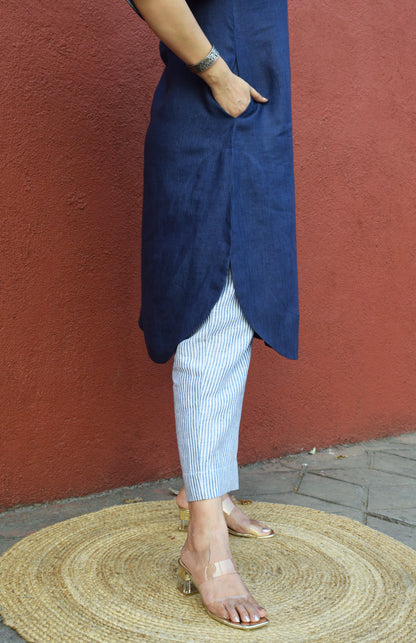 Dark Blue Linen Choga Set with striped trousers