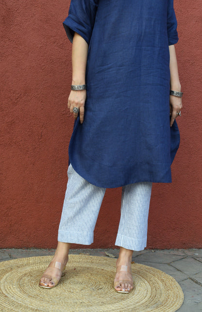 Dark Blue Linen Choga Set with striped trousers