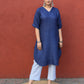 Dark Blue Linen Choga Set with striped trousers