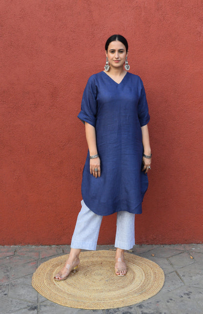 Dark Blue Linen Choga Set with striped trousers