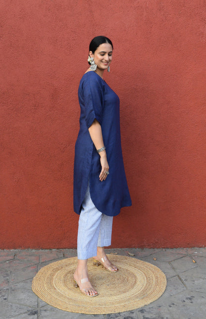 Dark Blue Linen Choga Set with striped trousers