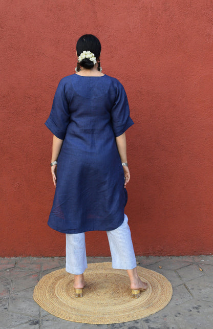 Dark Blue Linen Choga Set with striped trousers