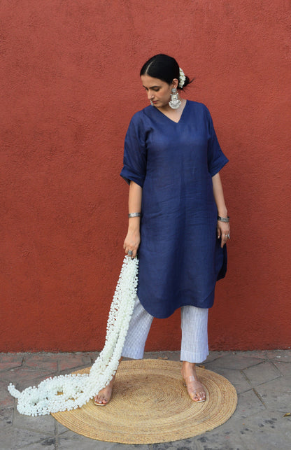 Dark Blue Linen Choga Set with striped trousers