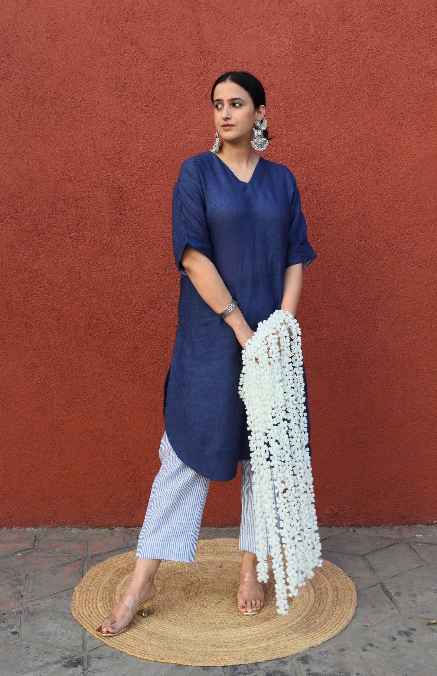 Dark Blue Linen Choga Set with striped trousers