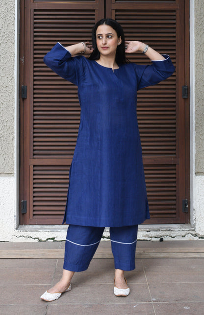 Dark blue linen straight fit paneled kurta