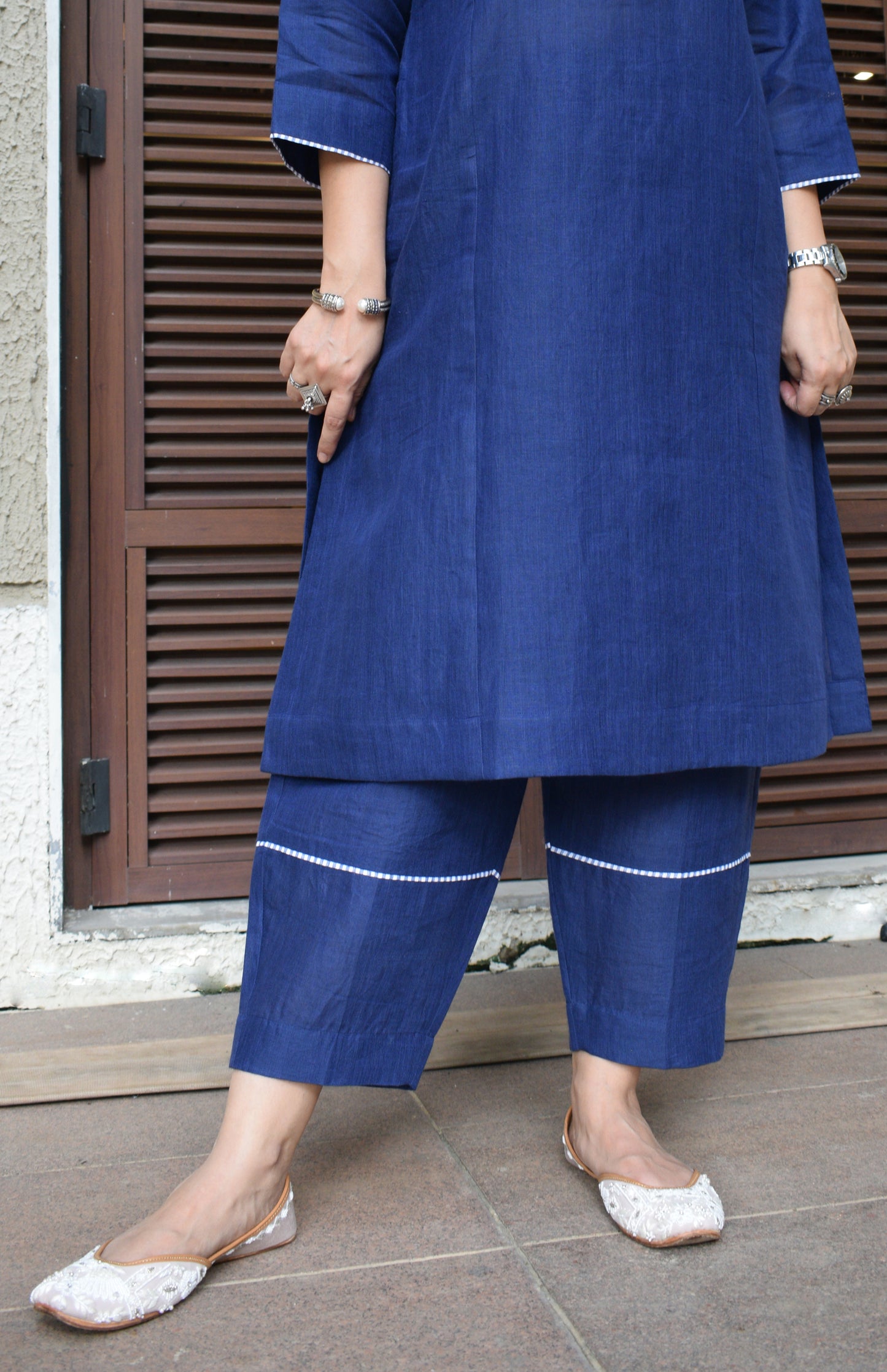 Dark blue linen straight fit paneled kurta set with trousers