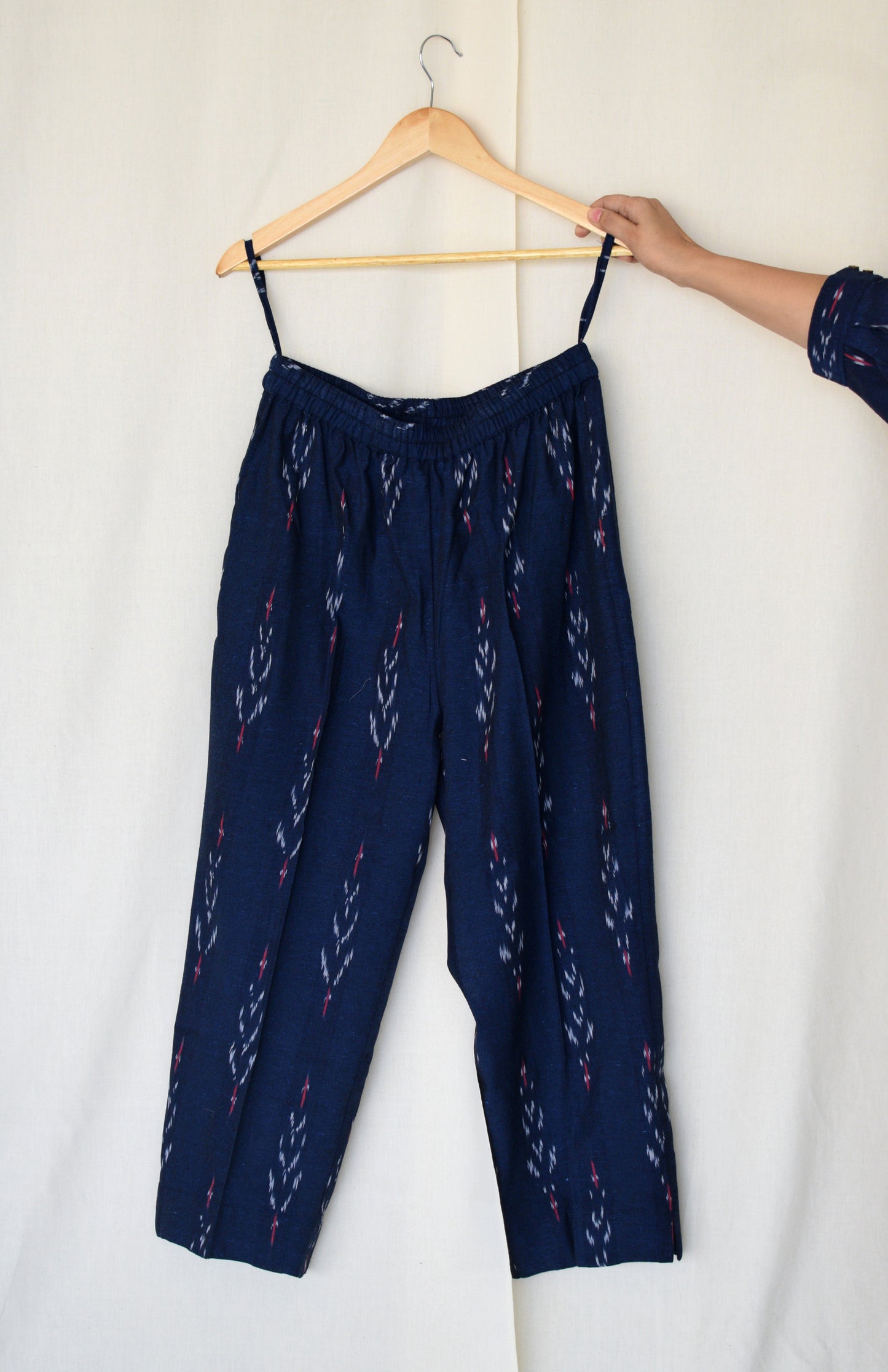 Navy blue ikat straight fit trousers