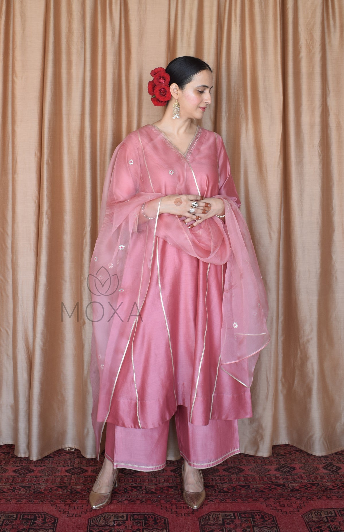 Blush Pink Chanderi Kurta Set with Blush Pink Silk Organza Dupatta