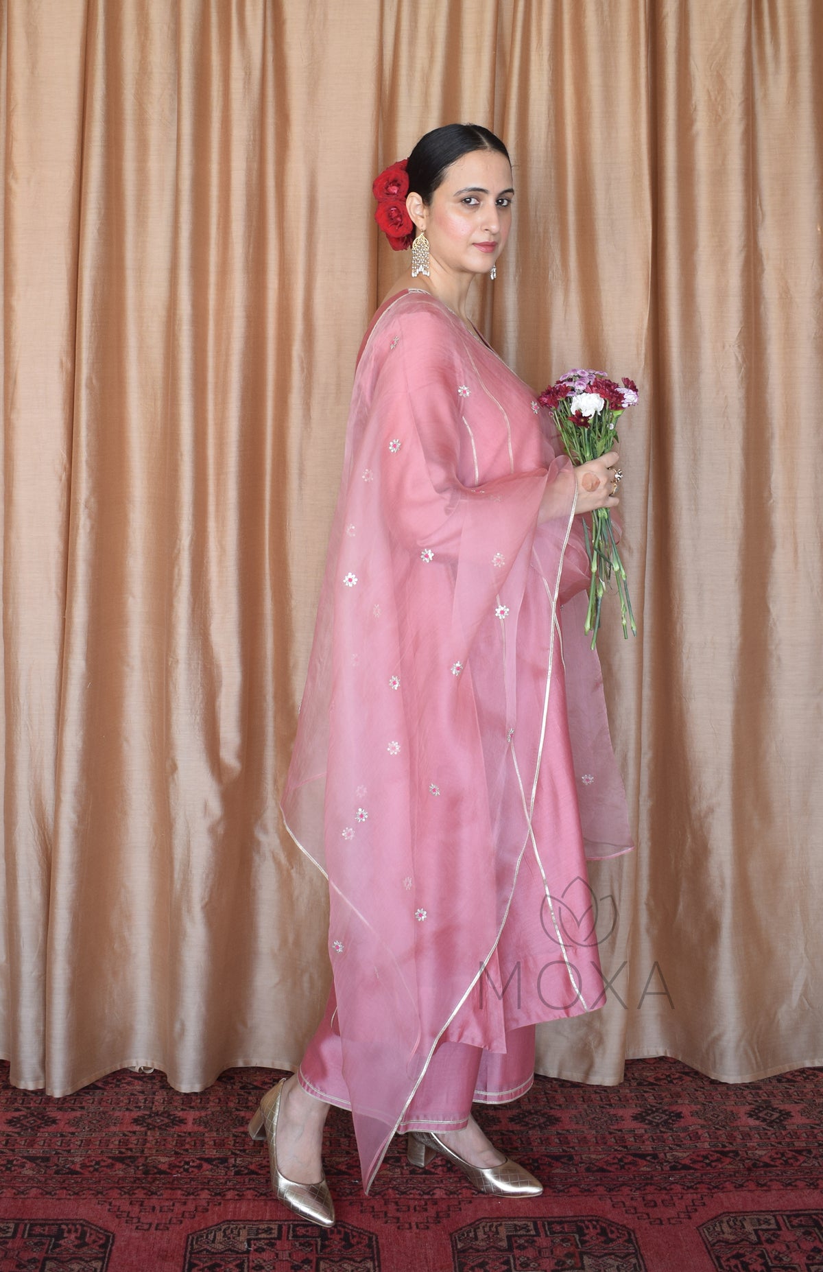 Blush Pink Chanderi Kurta Set with Blush Pink Silk Organza Dupatta