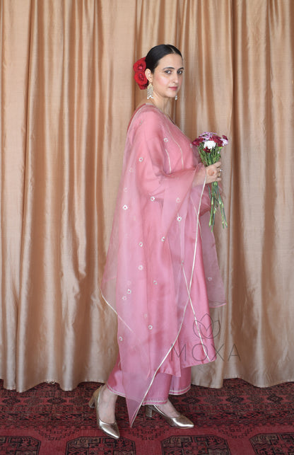 Blush Pink Hand Embroidered Organza Dupatta