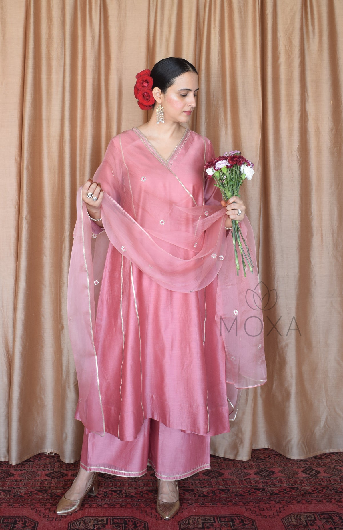 Blush Pink Hand Embroidered Organza Dupatta