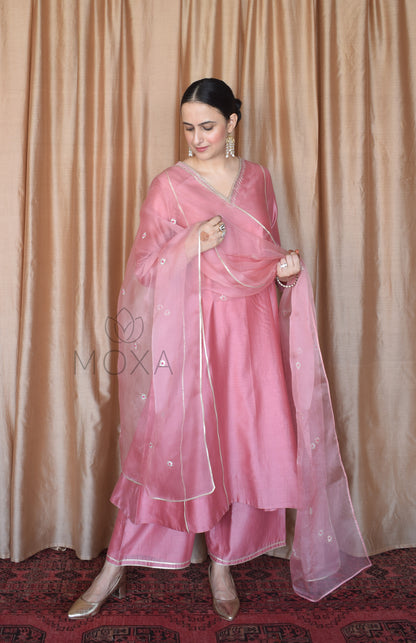 Blush Pink Hand Embroidered Organza Dupatta