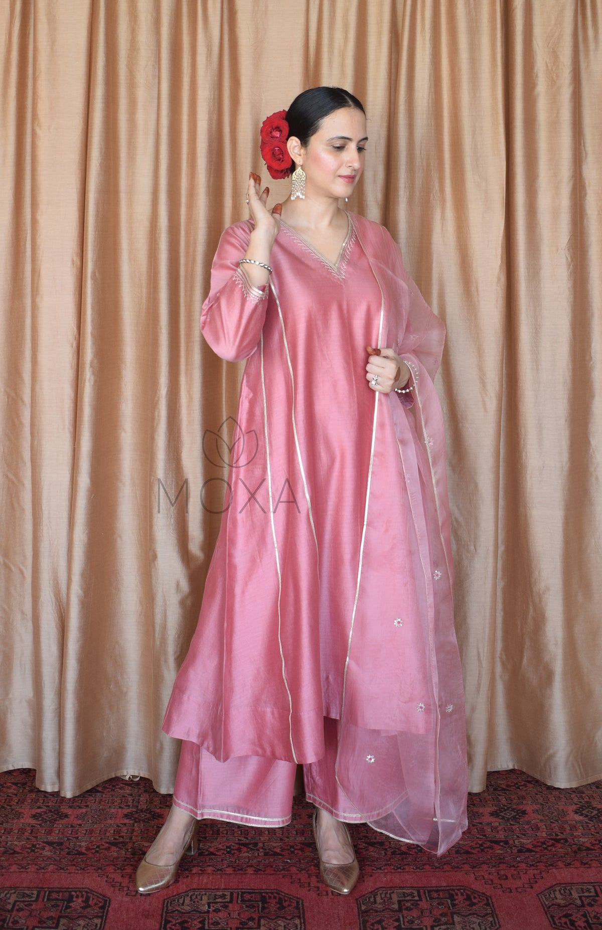 Blush Pink Chanderi Hand Embroidered Kurta With Wide Legged Pajama