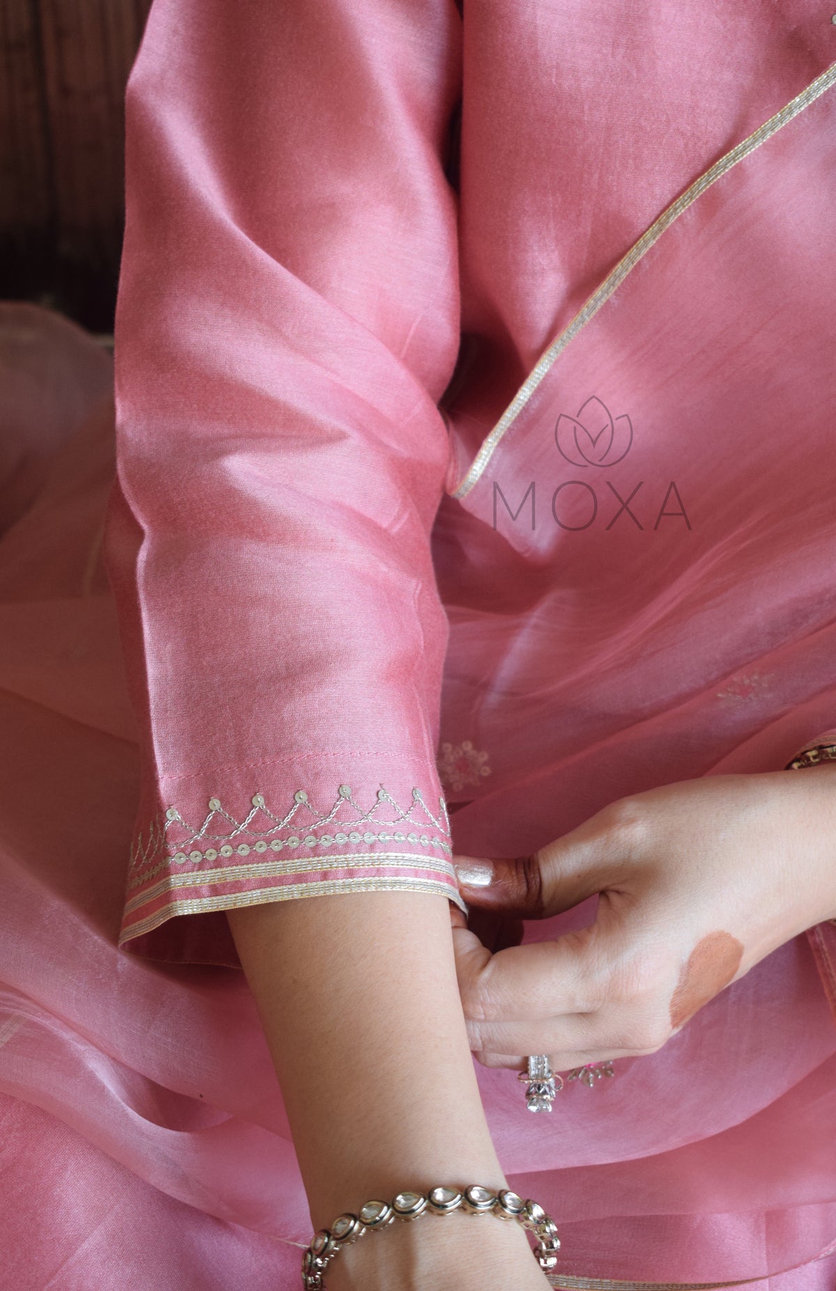 Blush Pink Chanderi Hand Embroidered Kurta With Wide Legged Pajama