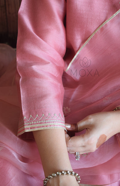 Blush Pink Chanderi Hand Embroidered Kurta With Wide Legged Pajama