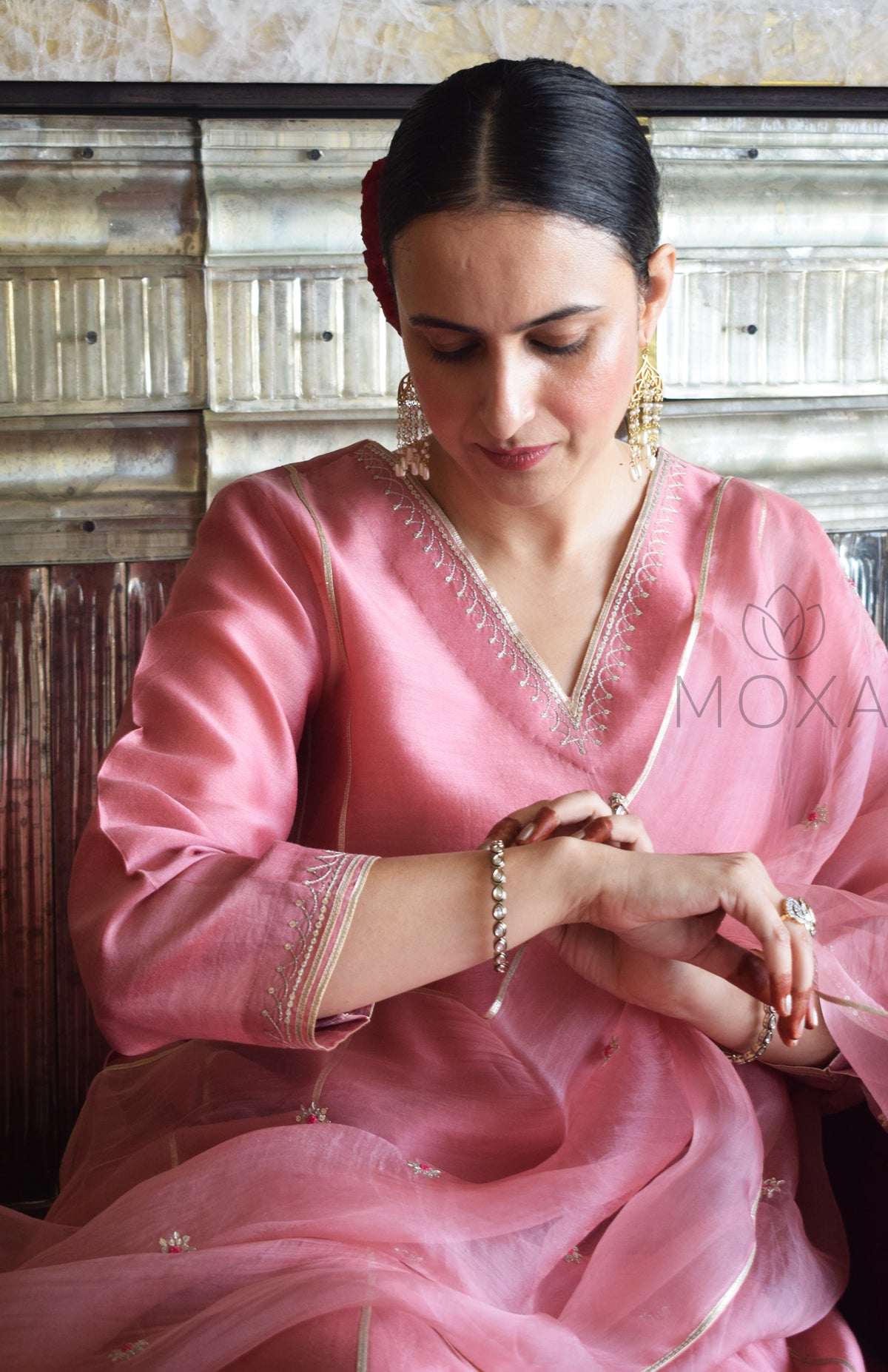 Blush Pink Chanderi Hand Embroidered Kurta With Wide Legged Pajama