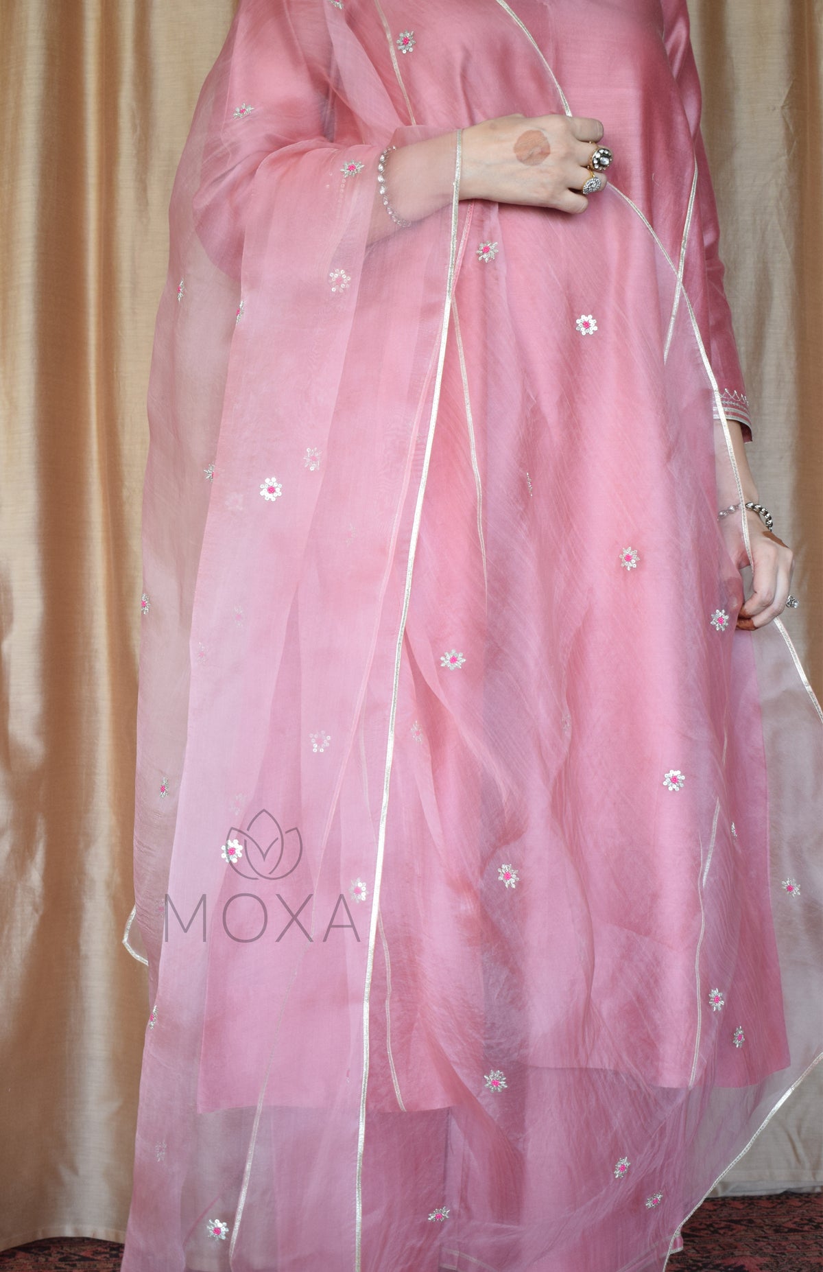 Blush Pink Hand Embroidered Organza Dupatta