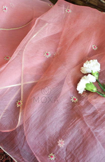 Blush Pink Hand Embroidered Organza Dupatta