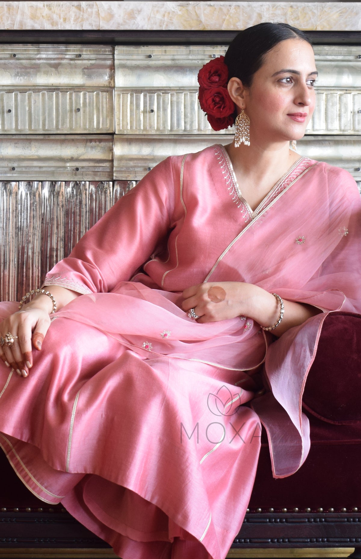 Blush Pink Chanderi Hand Embroidered Kurta With Wide Legged Pajama