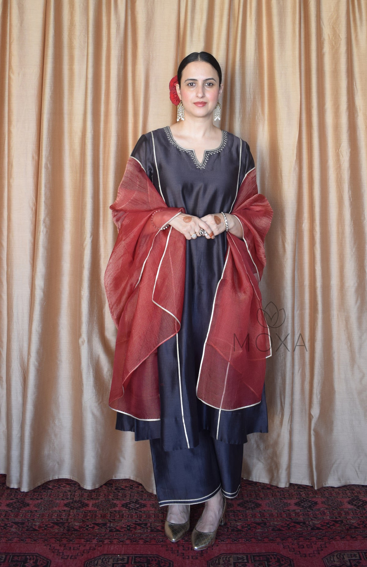 Charcoal Chanderi Set With Maroon Striped Silk Tissue Organza Dupatta